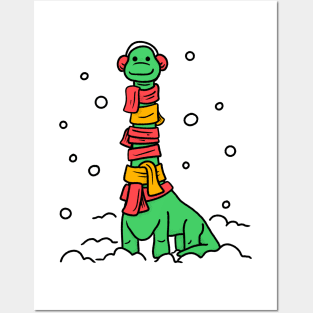 Christmas Dinosaur with Snow Posters and Art